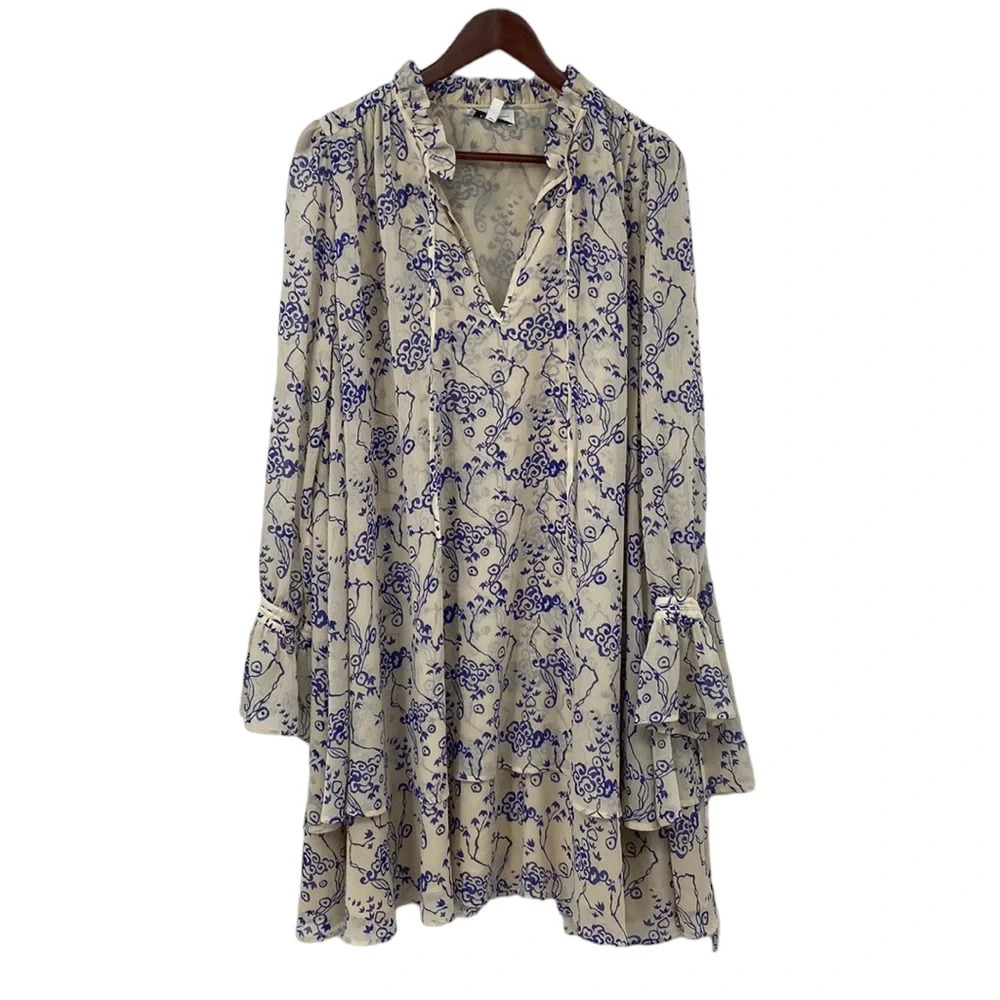 & Other Stories Ruffle Collar Cloud Print Mini Dress Women Sz 10 Tan Blue Tiered